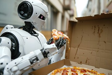 Wall Mural - Close-up Of Humanoid Robot Taking Slice Of Pizza From The Box