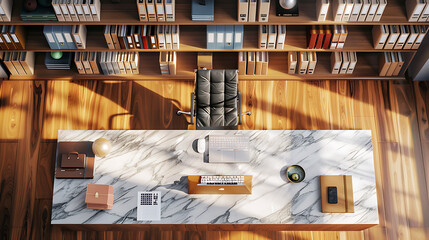 Wall Mural - a top-down view of a neatly organized office space. There is a large desk in the center with a marble surface, on which rests two armchairs, one dark and one light-colored