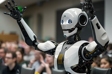 Wall Mural - Humanoid robot giving a lecture with hands raised in the air at a business seminar on artificial intelligence and future technology.