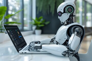 Wall Mural - humanoid robot working from home having online group videoconference on laptop
