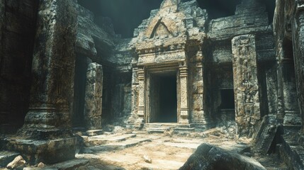 Poster - Ancient Stone Temple Entrance with Dark Interior and Sunlit Path