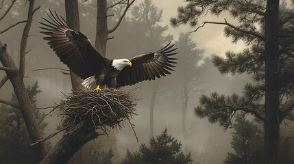 A pair of majestic bald eagles building their nest in a tall pine tree