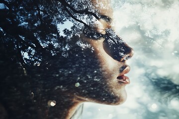 Sticker - Double Exposure Portrait of Woman with Tree Branches