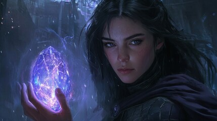 Canvas Print - A woman with dark hair and blue eyes holds a glowing purple orb