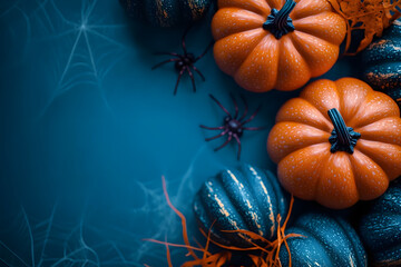 Wall Mural - A blue background with a bunch of pumpkins and spiders
