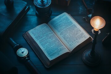 Open book with candlelight on a table, magic and mystery concept