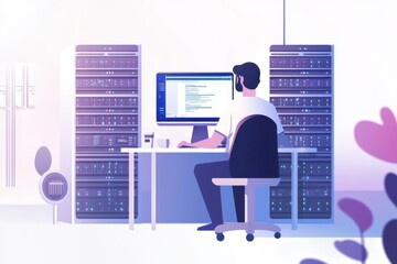 A wonderfully detailed flat illustration of a web host working at his desk in front of a computer, with a server rack in the background Generative AI