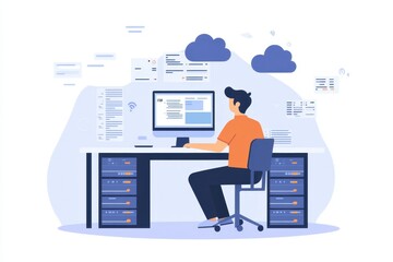 man sitting at his desk in front of a computer, surrounded by large server racks and cloud storage o
