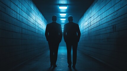 Wall Mural - Two men walking down a dark tunnel