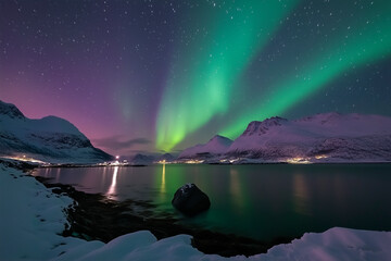 Sticker - Northern lights over a snowy fjord with mountains in the background.