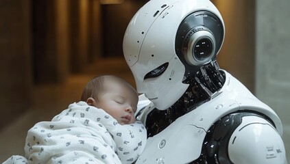 A robot nanny, an android with artificial intelligence, carefully holds a baby in her arms, the concept of social issues related to AI.