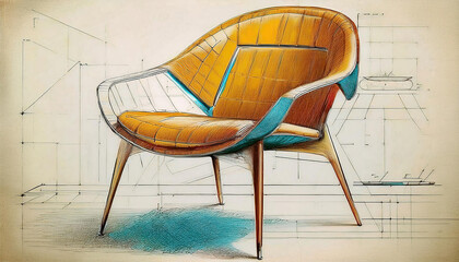 Modern chair design with artistic sketch background