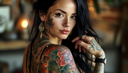 Wall Mural - Stunning tattooed woman showcasing her artistry and confidence in a captivating pose