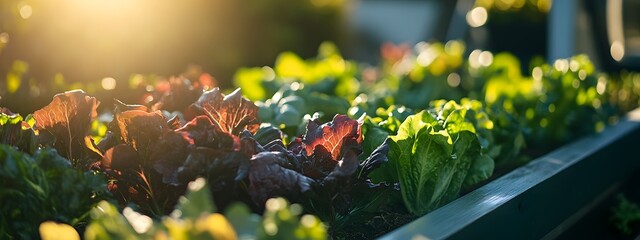 Wall Mural - A raised garden bed filled with vibrant green and red leafy vegetables, illuminated by the warm glow of sunlight