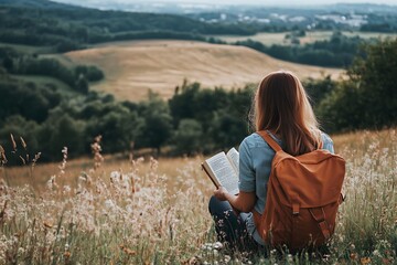 Woman reading book on a hilltop overlooking a valley, nature, peace, relaxation