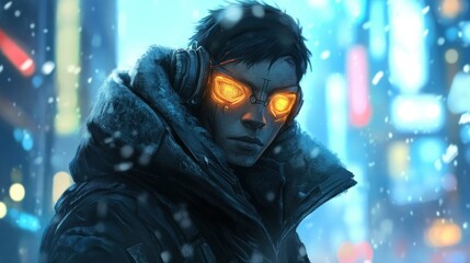 Canvas Print - A futuristic cyborg with glowing eyes walks through a snowy cityscape.