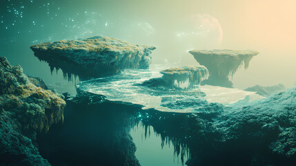 A digital landscape with floating islands and rivers made of liquid light. Digital Landscape. Illustration