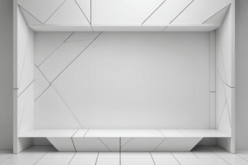 Wall Mural - soft light white abstract stage in elegant futuristic geometric style with simple lines and corners, polygons as background with white wood shelf for advertisement, presentation products, design