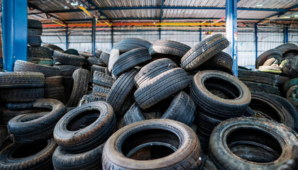 Pile of used car tires in warehouse area. Industrial waste.