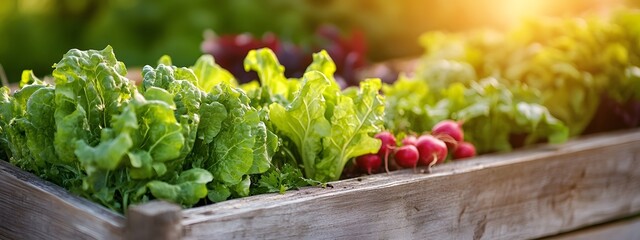 Wall Mural - A raised garden bed filled with vibrant green and red leafy vegetables, illuminated by the warm glow of sunlight