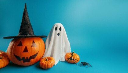 Halloween pumpkins and ghost decorations on blue backdrop.