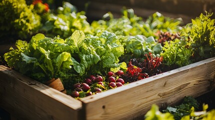 A raised garden bed filled with vibrant green and red leafy vegetables, illuminated by the warm glow of sunlight