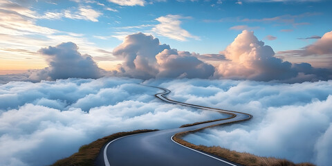 Canvas Print - A long, winding road is shown in the sky, with clouds above it