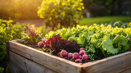 A raised garden bed filled with vibrant green and red leafy vegetables, illuminated by the warm glow of sunlight