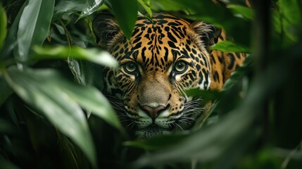 Wall Mural - Close-up of a Jaguar's Face Peeking Through Lush Green Foliage