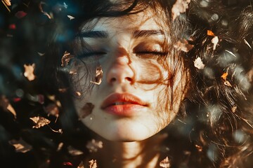 Poster - Close up portrait of a woman with closed eyes surrounded by colorful confetti.  Concept of joy, celebration, and happiness