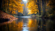 © Carola - A peaceful river meandering through a dense autumn forest with colorful leaves reflecting in the water.