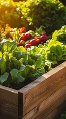 Wall Mural - A raised garden bed filled with vibrant green and red leafy vegetables, illuminated by the warm glow of sunlight