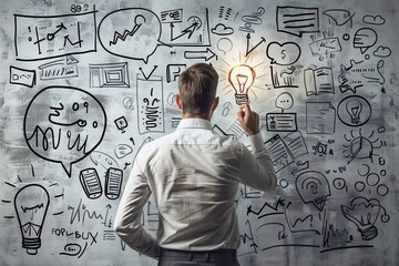 A businessman brainstorming innovative ideas while drawing on a wall filled with symbols and graphs in a creative workspace. Business idea concept