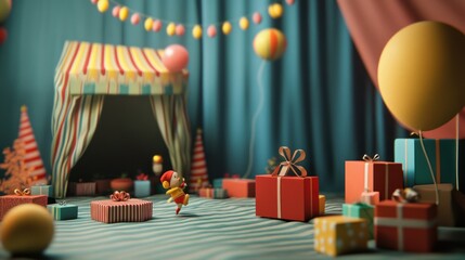 Sticker - Festive Miniature Scene with a Toy Character and Gifts