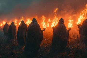 Wall Mural - celtic druids lighting bonfires and wearing animal skins during samhain, the precursor to modern hal