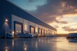 © Mikhail Vorobev - Stunning exterior of a modern warehouse featuring loading bays and a blue and white design at sunset