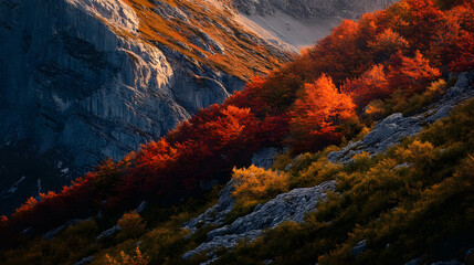 A rocky mountain slope covered in vibrant autumn foliage with deep reds and oranges glowing under the afternoon sun.