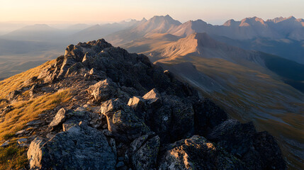 A rocky mountain summit with panoramic views of distant ranges bathed in soft golden light at sunset.