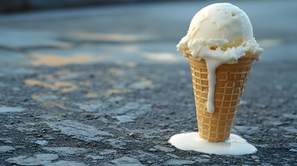 Wall Mural - Single vanilla ice cream cone melting on a rough urban pavement background