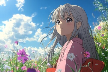 Canvas Print - Anime girl with long silver hair in pink kimono sitting in field of flowers