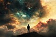 © atar - Silhouette of a man standing on a hill, looking up at a breathtaking nebula in the sky. A concept of wonder, exploration, and the vastness of the universe.