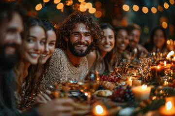 Poster - A holiday party where the guests are all awkwardly trying to avoid talking politics. Concept of holiday gatherings and social tensions.