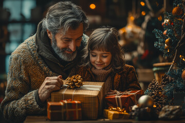 Wall Mural - A family awkwardly unwrapping gifts that are clearly regifted from previous years. Concept of the cyclical nature of holiday gift-giving.