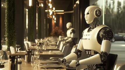 Canvas Print - A White Robot Serving at a Restaurant Table