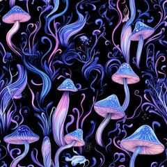 Psychedelic mushrooms neon fantasy background - black seamless pattern