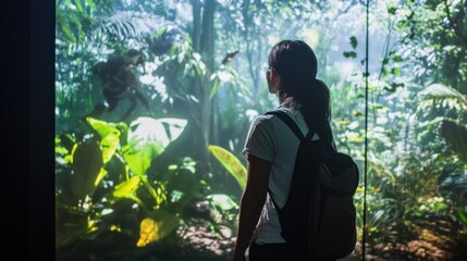 Poster - A Silhouette of a Woman Gazing at a Lush Tropical Rainforest Display