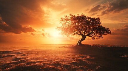 Wall Mural - Silhouette of a tree against a vibrant sunset with golden clouds