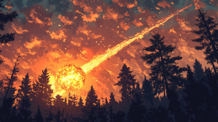 Wall Mural - Tunguska event. Meteor air burst over siberian forest. 