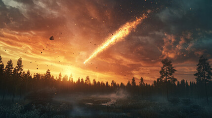 Wall Mural - Tunguska event. Meteor air burst over siberian forest. 