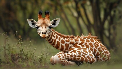 Wall Mural - adorable baby giraffe resting peacefully on the ground